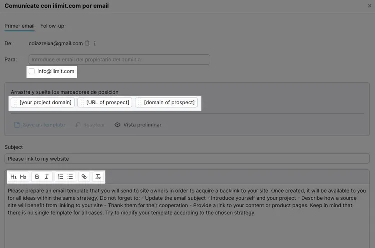 Plantilla email para contactar propietarios: From, To, Subject, preview edición