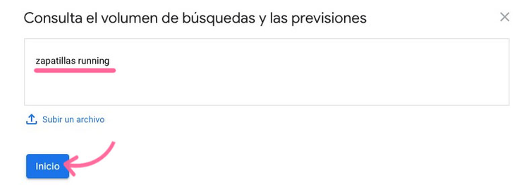 Cuadro de diálogo para consultar volumen de búsquedas con palabra 'zapatillas running'