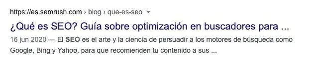 Semrush SERP ¿Qué es SEO? artículo con fecha 16 julio 2019 y descripción visible en búsqueda