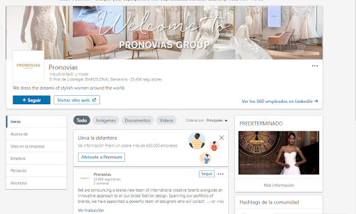 Páginas de empresa en LinkedIn - Ejemplo Pronovias