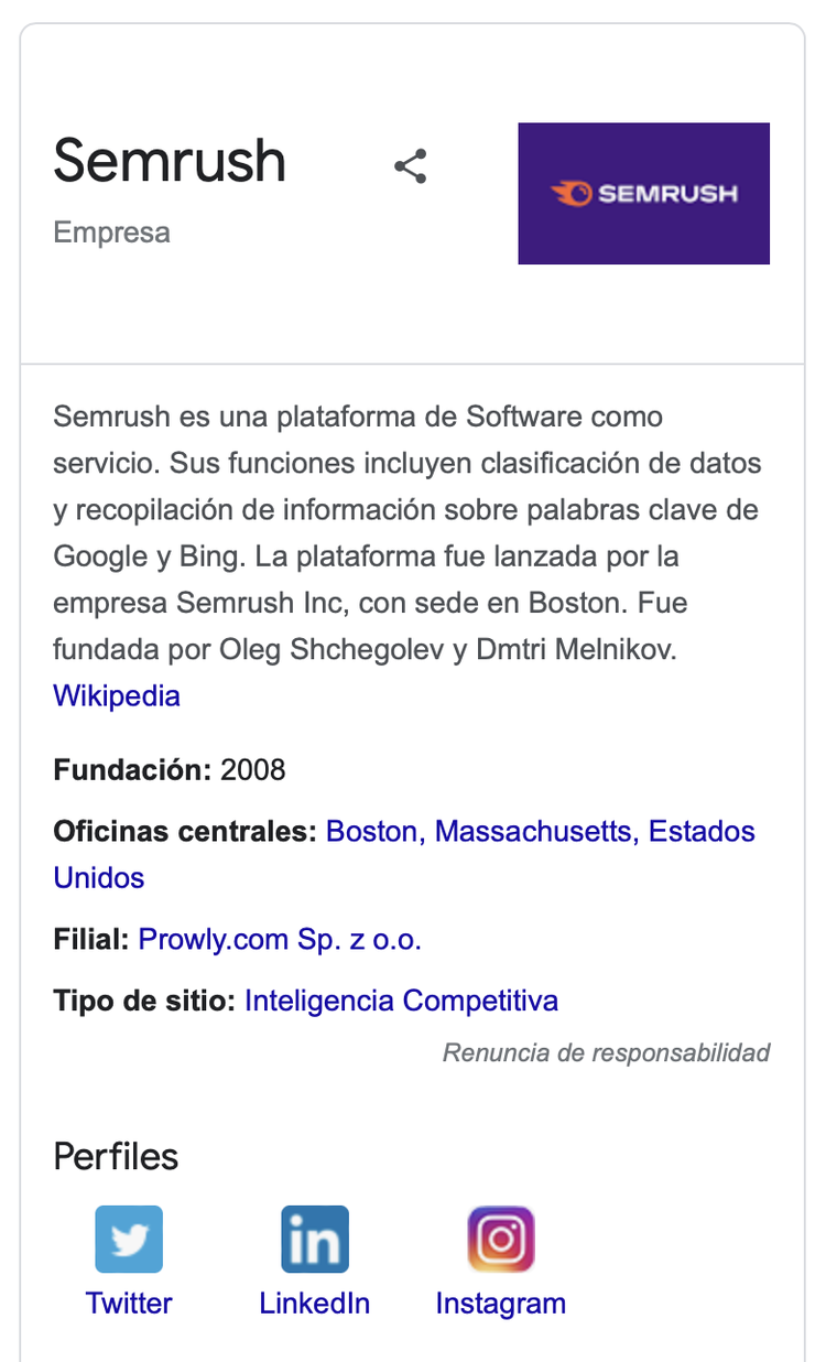 Panel de conocimiento para la búsqueda "Semrush"