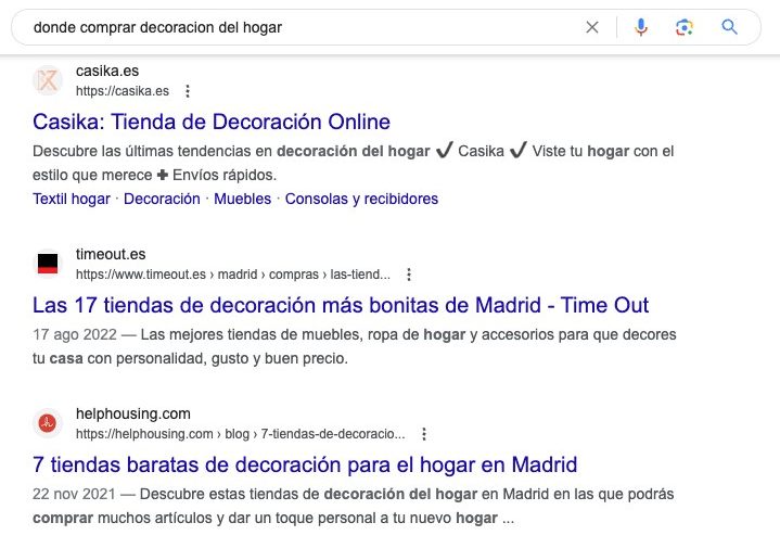 Resultados búsqueda Google para tiendas decoración Madrid mostrando Casika, Time Out, HelpHousing