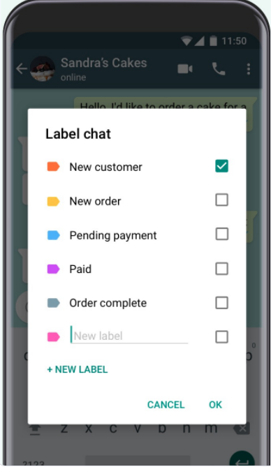 Panel etiquetas chat WhatsApp mostrando categorías