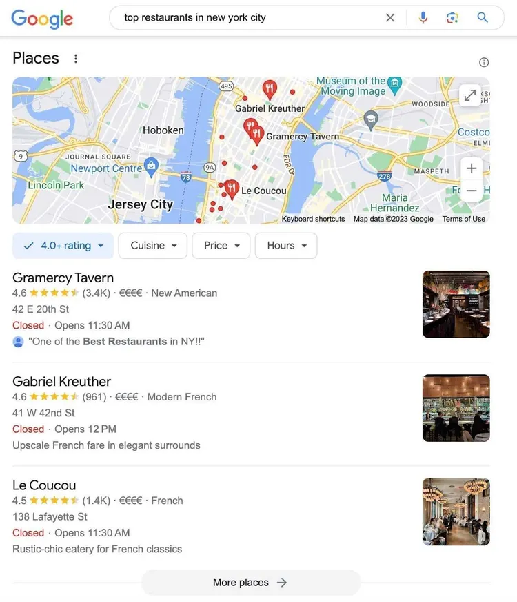 un ejemplo de paquete local en la SERP de Google para "los mejores restaurantes de nueva york"