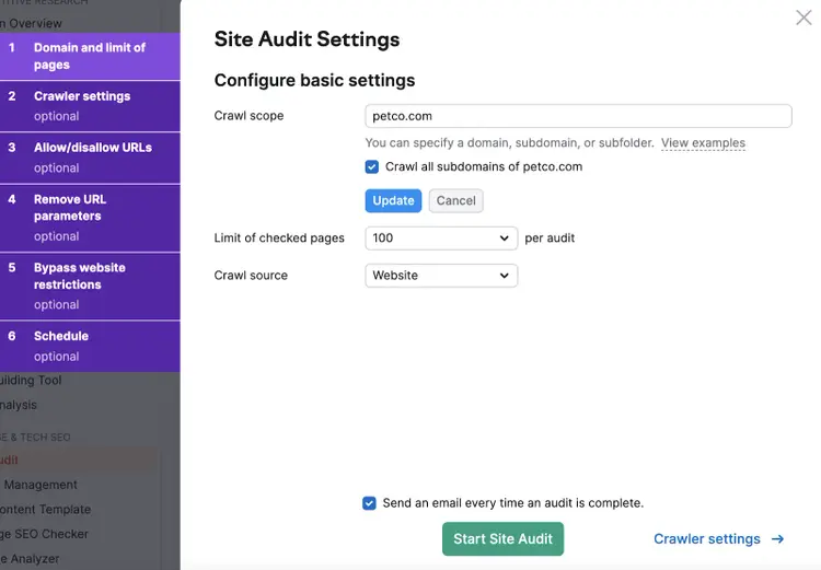 Establecer la configuración de rastreo para todo el dominio "petco.com"