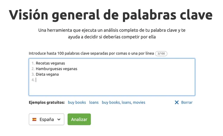 Herramienta Visión general de palabras clave para analizar hasta 100 palabras clave simultáneamente con opciones de país