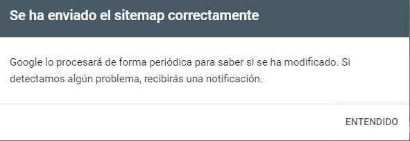 Mensaje éxito: Se ha enviado el sitemap correctamente