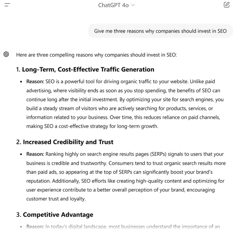 Texto de ChatGPT 4o que muestra una respuesta genérica con tres razones por las que las empresas deberían invertir en SEO