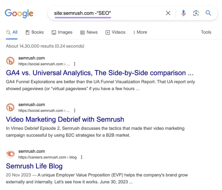 SERP de Google para "site:semrush.com - "SEO"" consulta de búsqueda