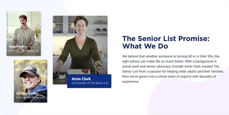Sección "La promesa de la Lista Senior: lo que hacemos" del sitio web