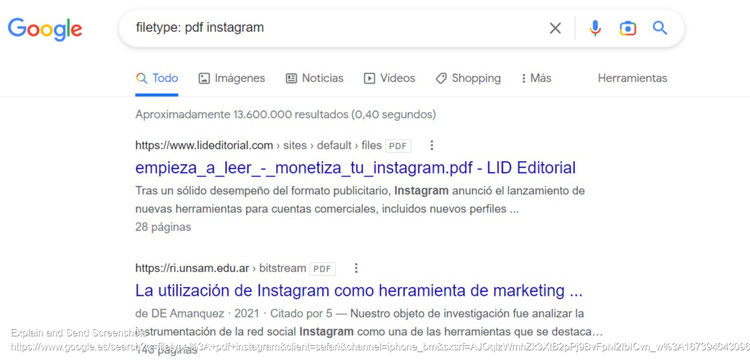 Búsqueda Google con operador filetype:pdf Instagram