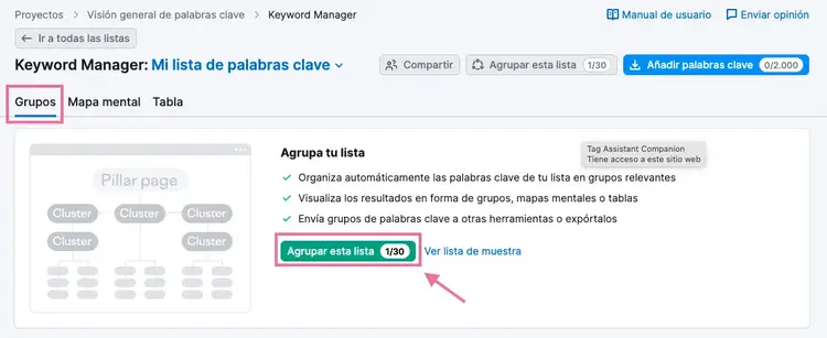 Diálogo Agrupar tu lista en Semrush para agrupar palabras clave