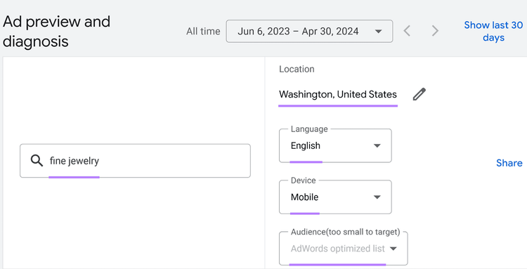 Herramienta de previsualización y diagnóstico de anuncios que muestra la configuración de la ubicación en Washington, el idioma inglés y el dispositivo móvil.