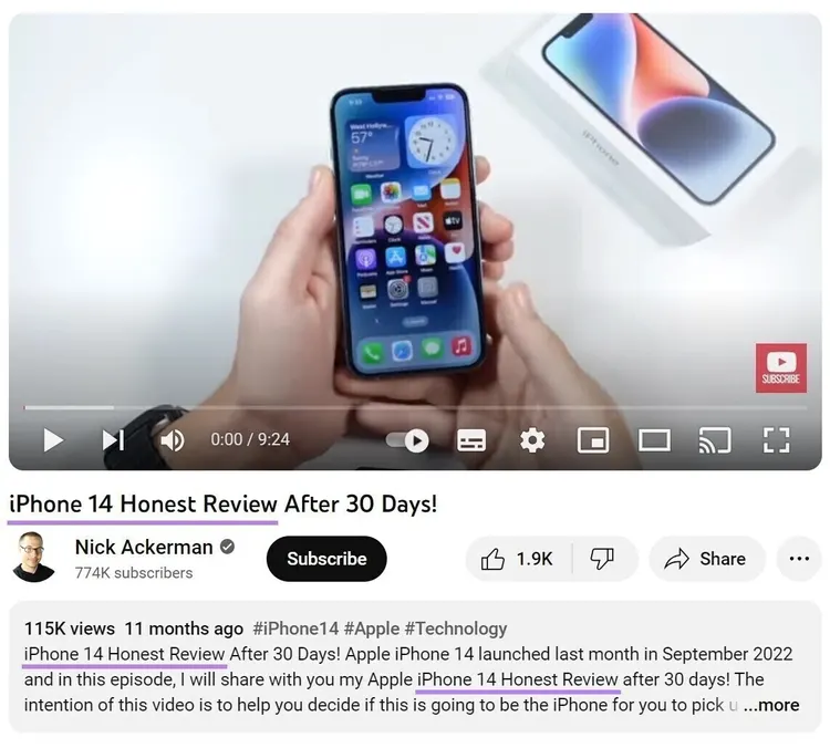 Vídeo de YouTube de Nick Ackerman titulado "¡Investigacion honesta del iPhone 14 después de 30 días!"
