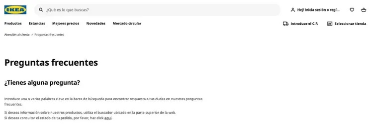 Página preguntas frecuentes de IKEA con categorías ayuda