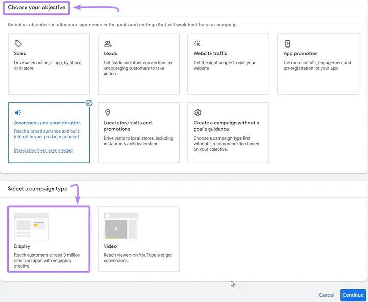 Selecciona el objetivo de la campaña y "Mostrar" en la configuración de Google Ads