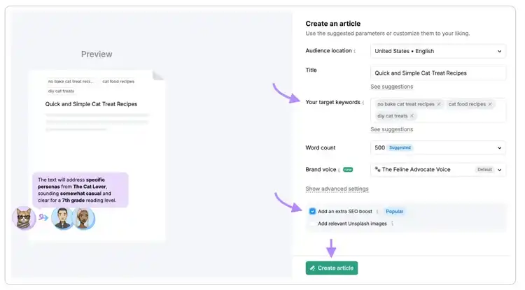 Configurar el artículo en Semrush Content Toolkit