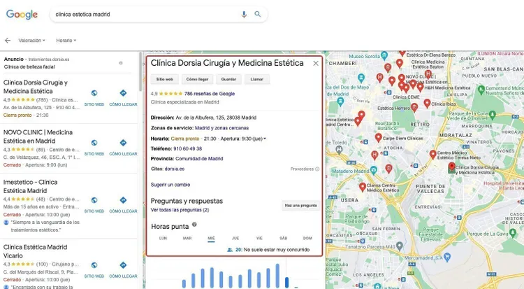 Detalle perfil Google Business de clínica estética