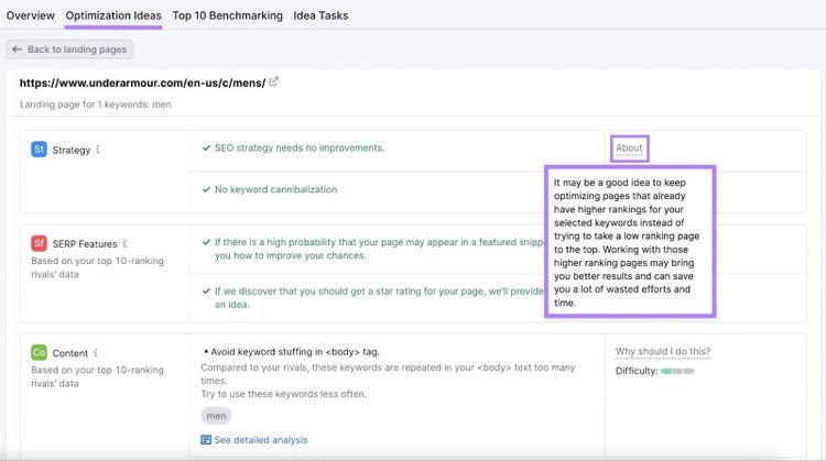 Ideas para mejorar la estrategia, las funciones SERP y el contenido del sitio web de Under Armour utilizando la herramienta On Page SEO