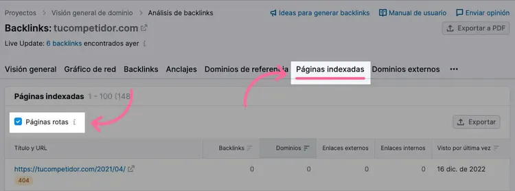 Pestaña Páginas indexadas con filtro de páginas rotas activado