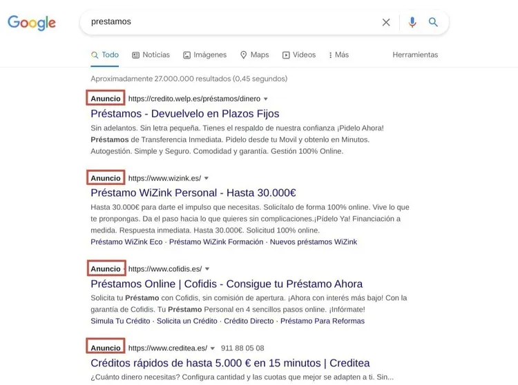 Resultados Google búsqueda préstamos con anuncios pagos
