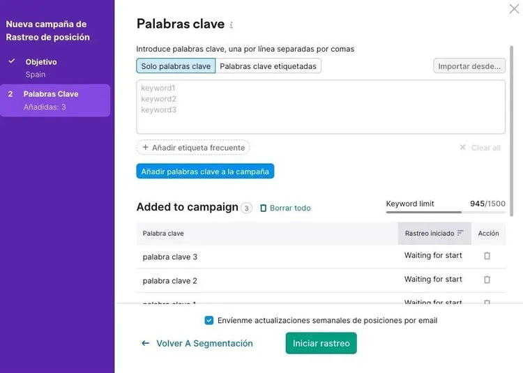 Panel palabras clave de campaña con palabras añadidas y estado rastreo