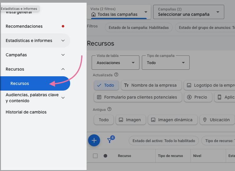 Para añadir enlaces web a tus anuncios, comienza haciendo clic en "Recursos"