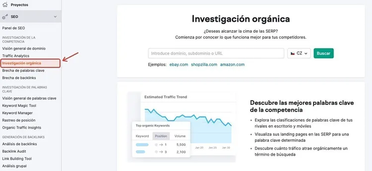 Formulario búsqueda Investigación orgánica Semrush