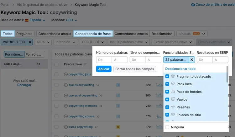 Filtro Keyword Magic Tool para fragmentos destacados y resultados SERP