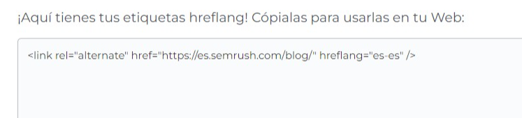 Generated hreflang code snippet for alternate language link tag