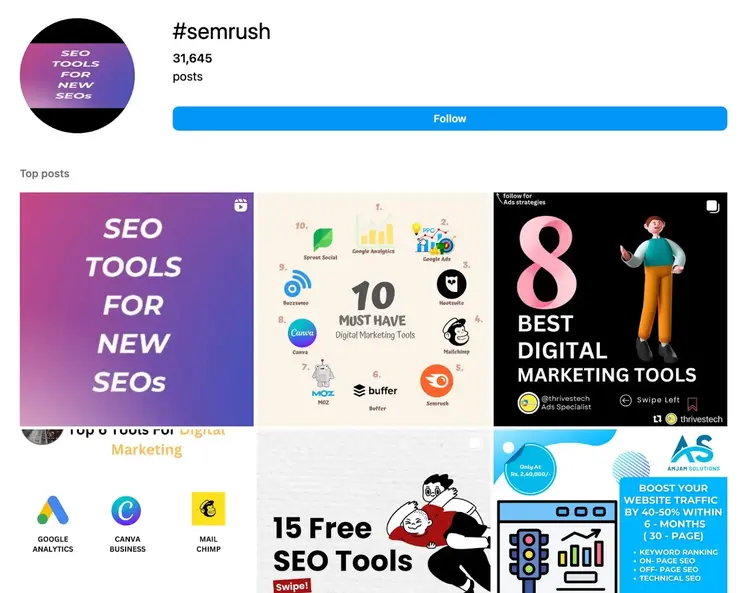 Página de Instagram que muestra las publicaciones que utilizan la etiqueta #semrush