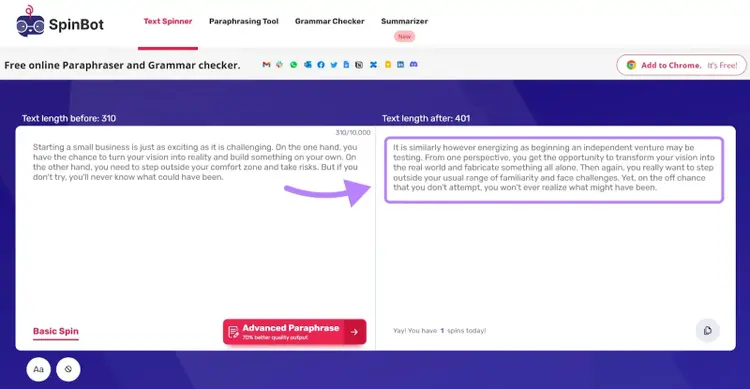 Spinbot parafraseador y corrector gramatical online