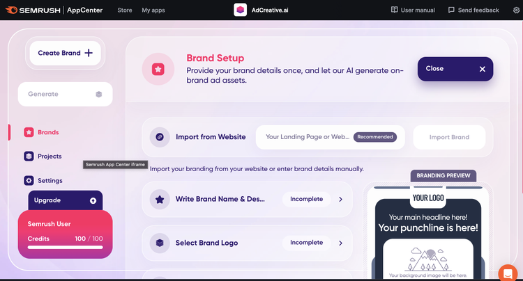 Semrush AdCreative.ai Brand Setup interface with brand import and logo selection options