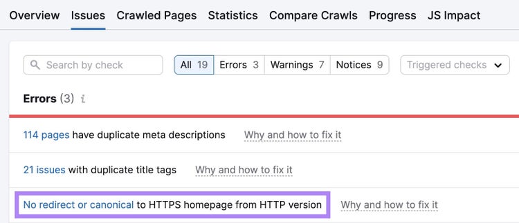 'No redirect or canonical to HTTPS homepage from HTTP version' highlighted on Site audit issues page.