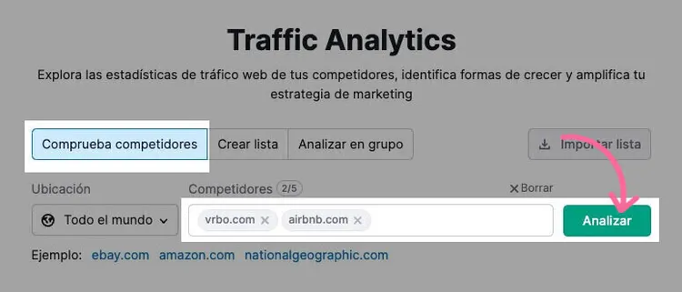 Interfaz Traffic Analytics para comparar competidores vrbo.com y airbnb.com