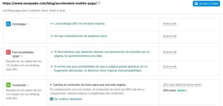 Detalles estrategia SEO con recomendaciones de contenido y funcionalidades