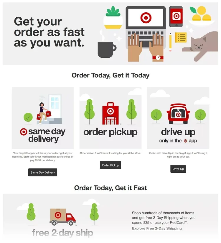 Página de Target "Recibe tu pedido tan rápido como quieras".