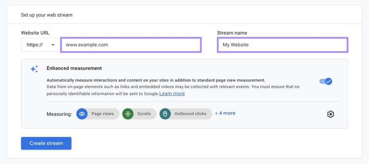 Crear un flujo de datos para tu sitio web introduciendo una URL y seleccionando un nombre de flujo.