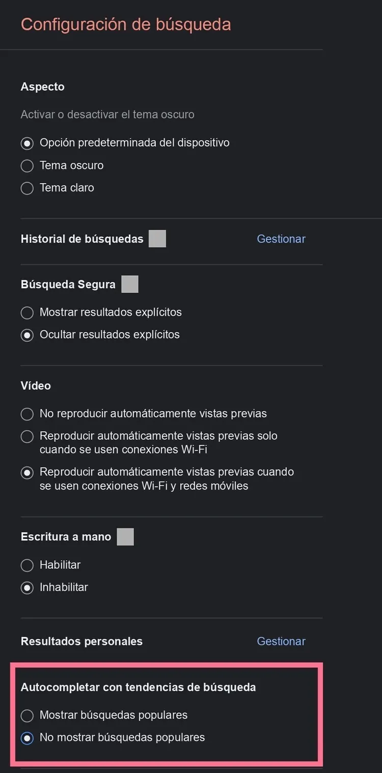 Configuración de búsqueda