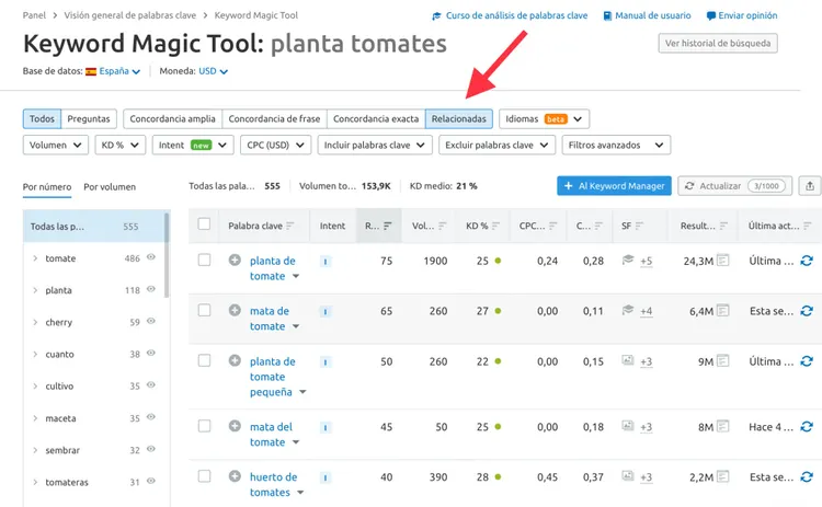 Keyword Magic Tool: pestaña de palabras clave relacionadas