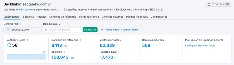 Resumen de backlinks con 158,843 enlaces y métricas