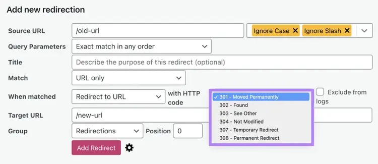 todos los tipos de redirección 3xx ofrecidos en el menú desplegable del plugin Redirección