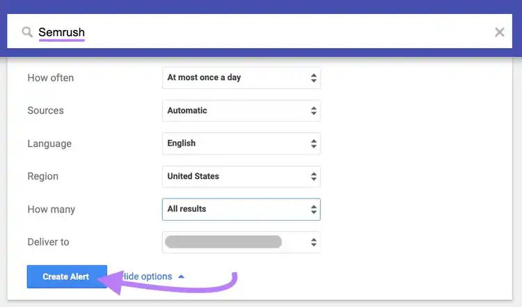 Crear alertas de Google para "Semrush"