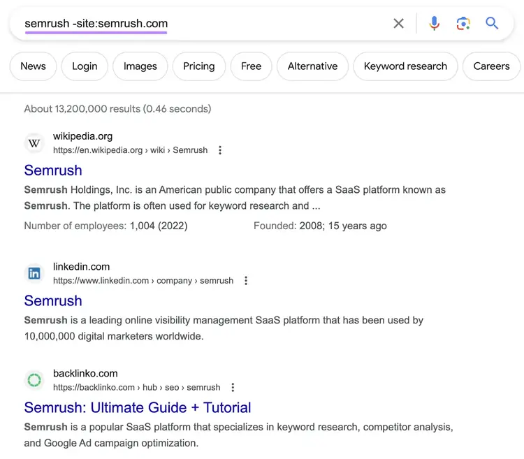 SERP de Google para la consulta "semrush-site:semrush.com"