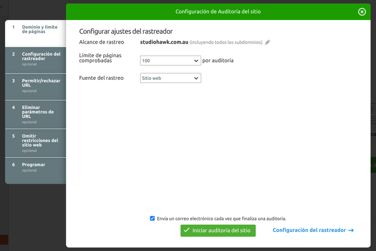 Diálogo configuración Semrush auditoría sitio pasos rastreo límite página