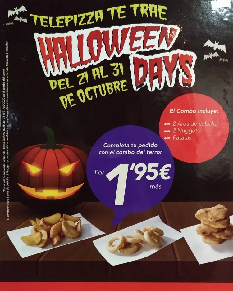 Campaña Halloween Telepizza mostrando calabaza, oferta combo terror por 1,95 euros