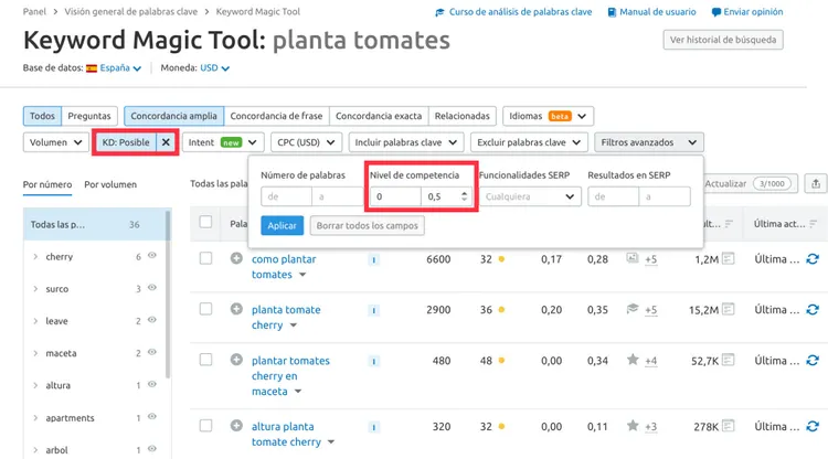 Keyword Magic Tool: filtro dificultad SEO y competencia
