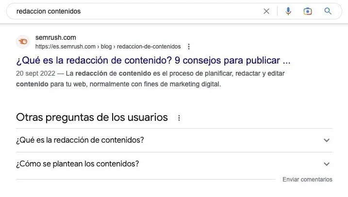 Resultados búsqueda Google redacción de contenidos con sección Otras preguntas