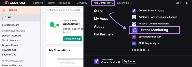 "Monitorización de marca" seleccionada en el Semrush App Center