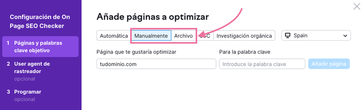 Para importar datos desde tu hoja de cálculo de Keyword Mapping, elige "Manualmente" o "Archivo" y sigue las instrucciones